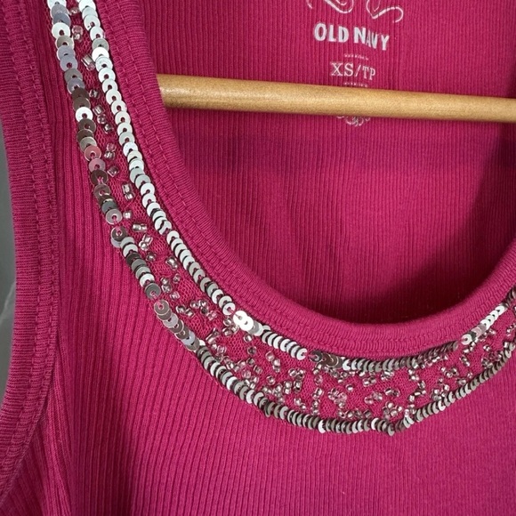 Old Navy tank top womens XS Hot Pink sequin y2k party fairy boho Beads Ribbed - Picture 2 of 6